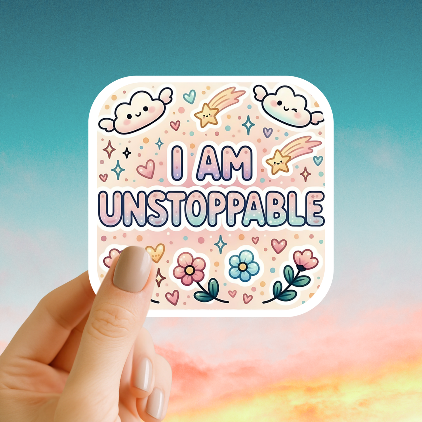 Sticker with 'I AM UNSTOPPABLE' text held by a hand against a colorful background