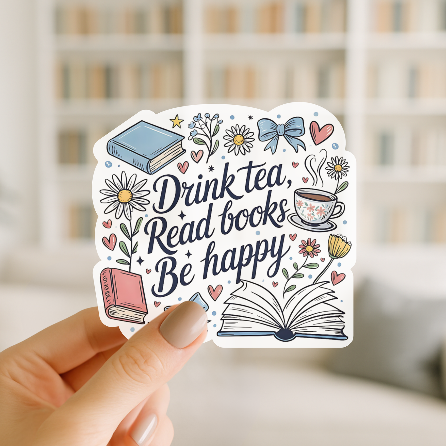 Drink Tea, Read Books, Be Happy β Cozy Book Lover Vinyl Sticker