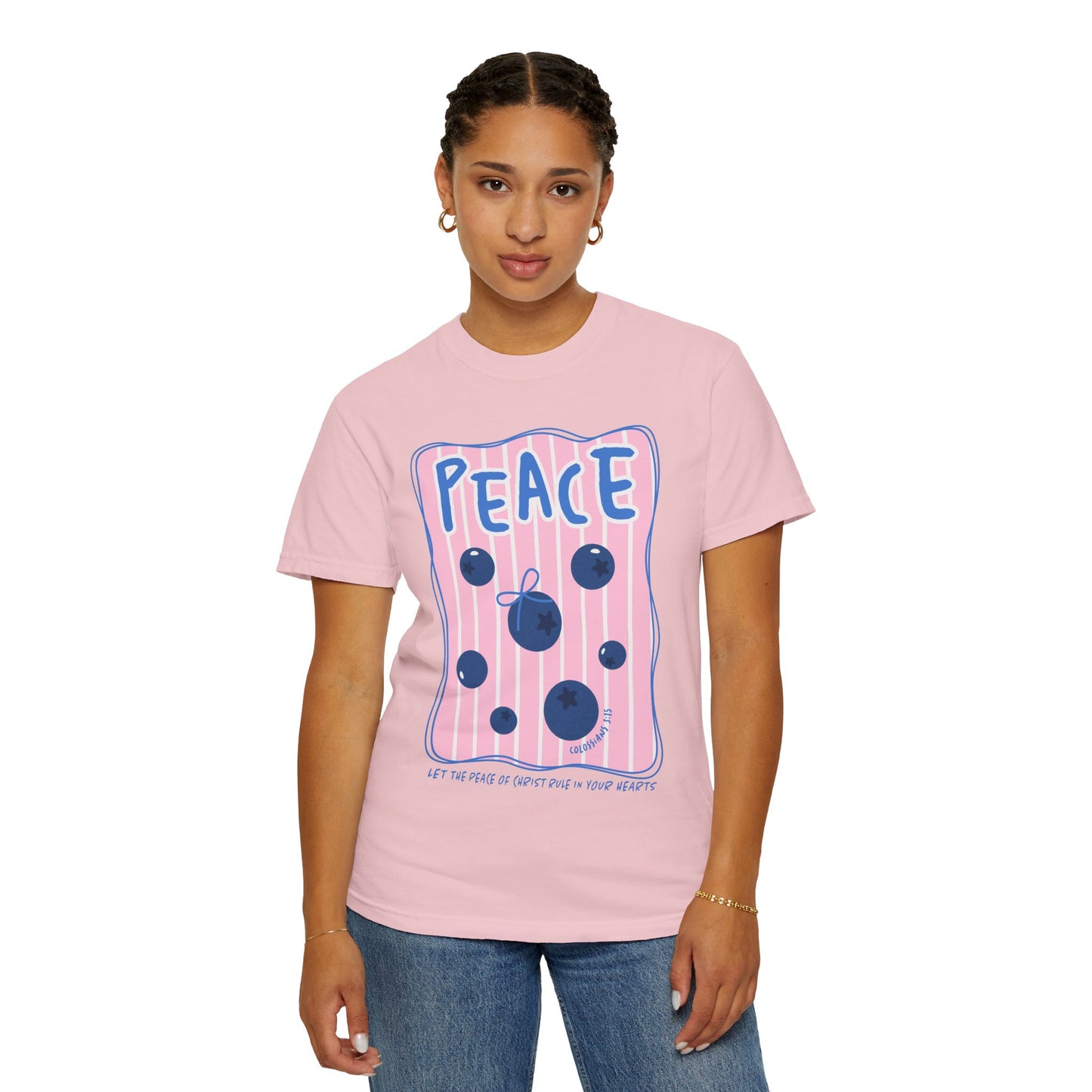 Peace Christian Scripture T-Shirt | Colossians 3:15 Blueberry Faith Graphic Tee | Comfort Colors Garment-Dyed Shirt