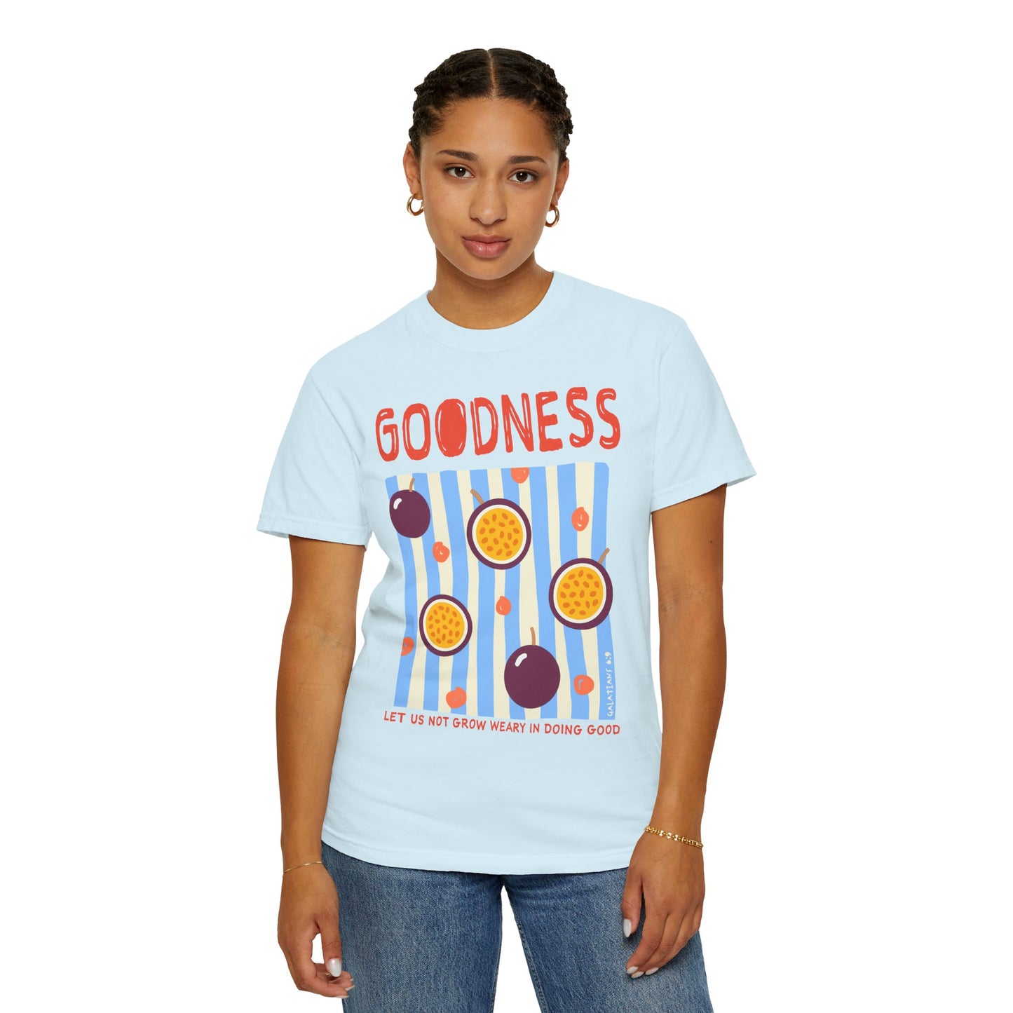 Goodness Christian Scripture T-Shirt | Galatians 6:9 Passion Fruit Faith Graphic Tee | Comfort Colors Garment-Dyed Shirt
