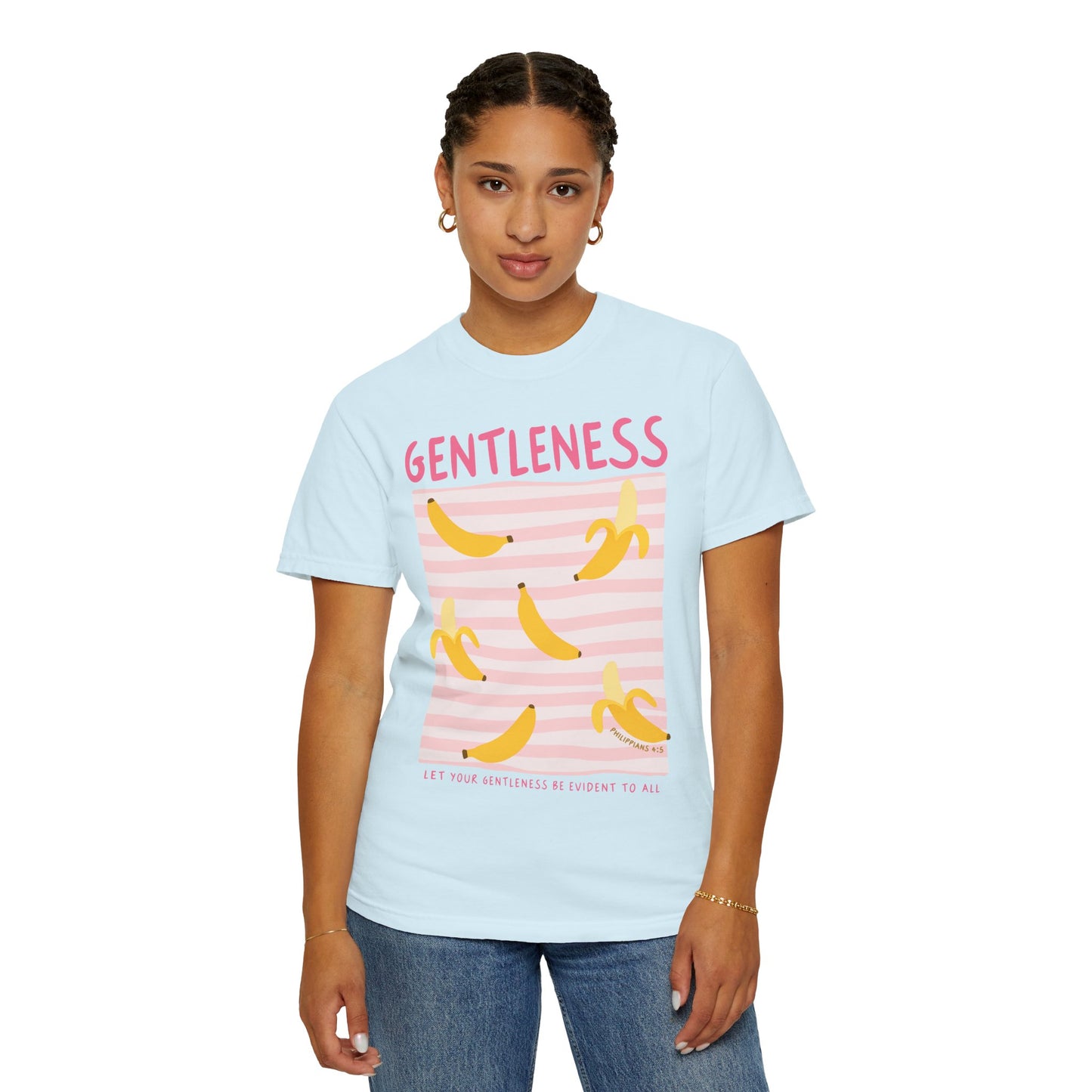 Gentleness Christian Scripture T-Shirt | Philippians 4:5 Banana Faith Graphic Tee | Comfort Colors Garment-Dyed Shirt