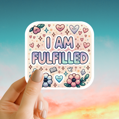 Sticker with 'I AM FULFILLED' text held by a hand against a colorful gradient background