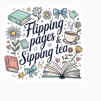 Flipping Pages & Sipping Tea – Cozy Book Lover Vinyl Sticker